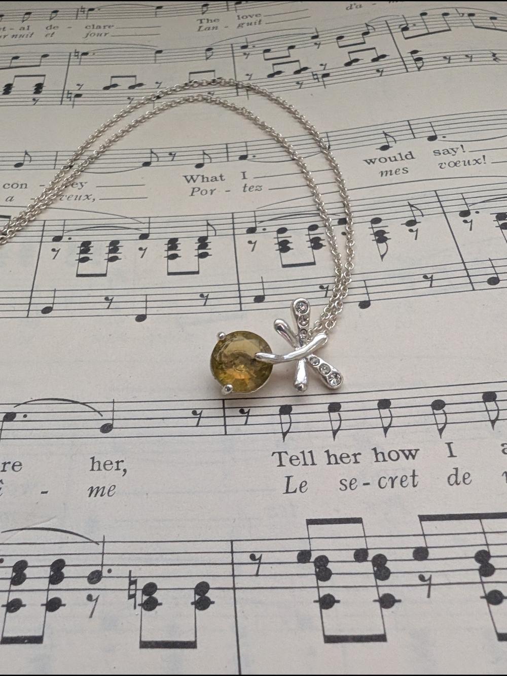 Silvertone Dragonfly Necklace with Olive Green Gemstone